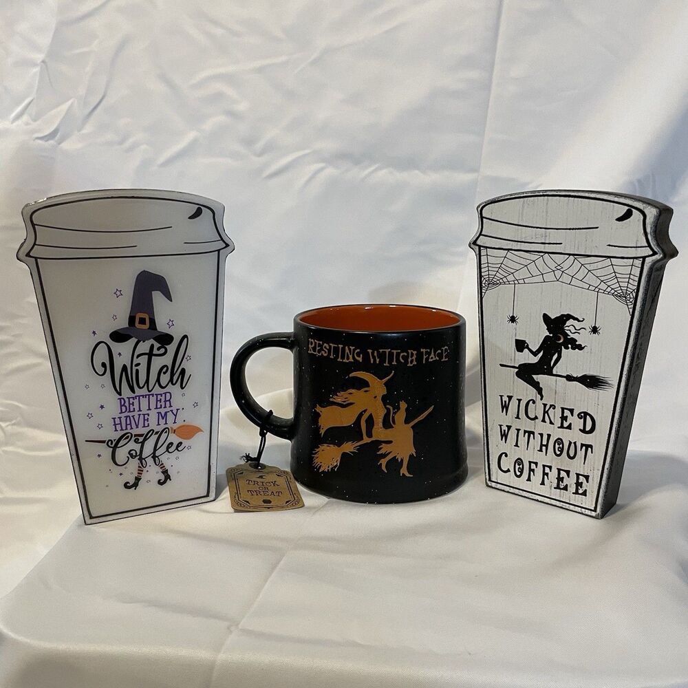 Resting Witch Face Coffee Bundle, Halloween Mug With Wooden Signs